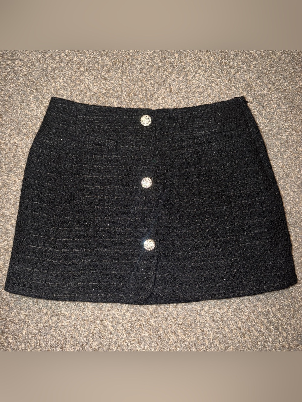 Zara Black Tweed Mini Skirt with Crystal Buttons Medium